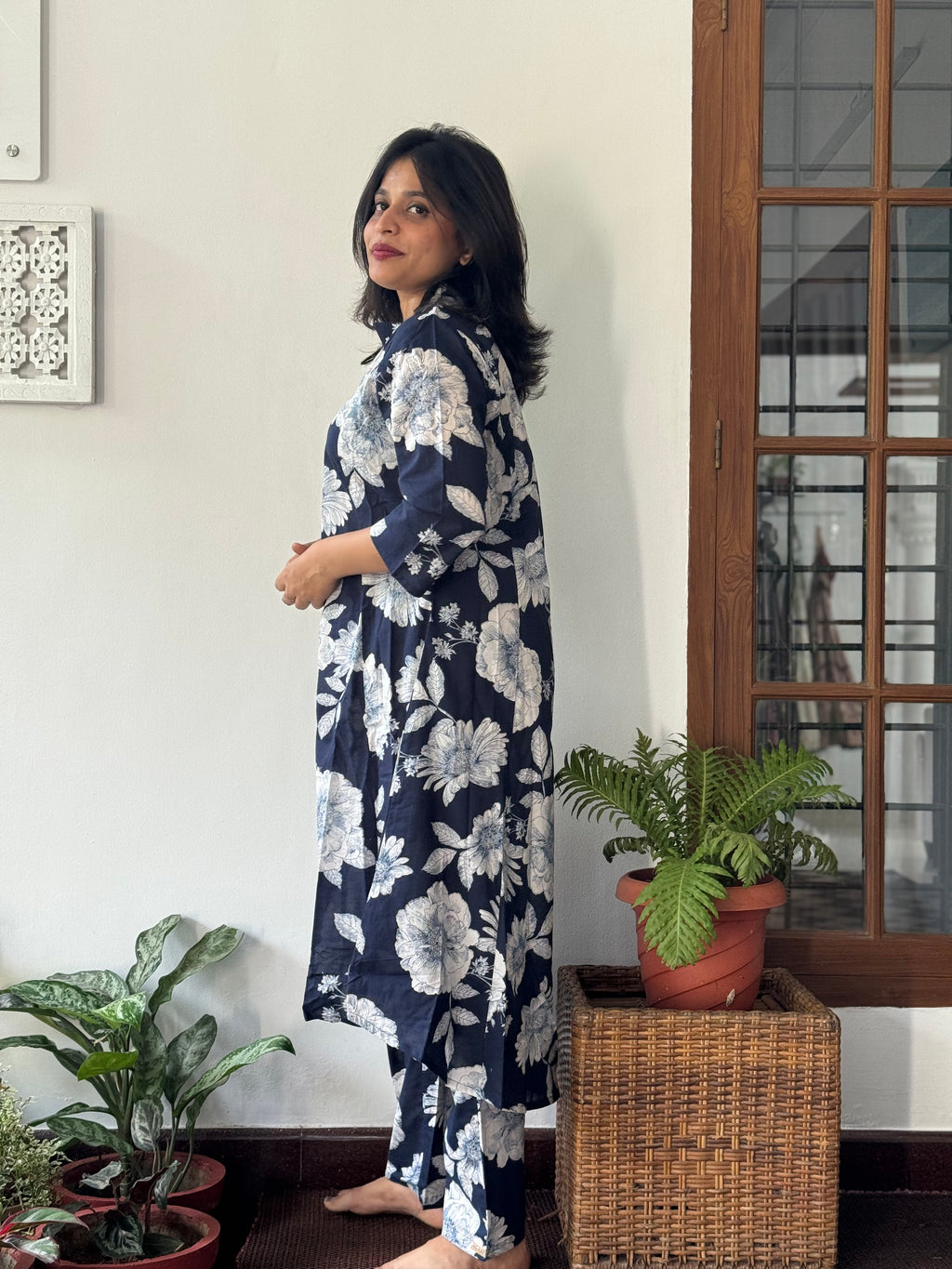 Dark Blue and White Floral 2 Piece Co-Ord Set