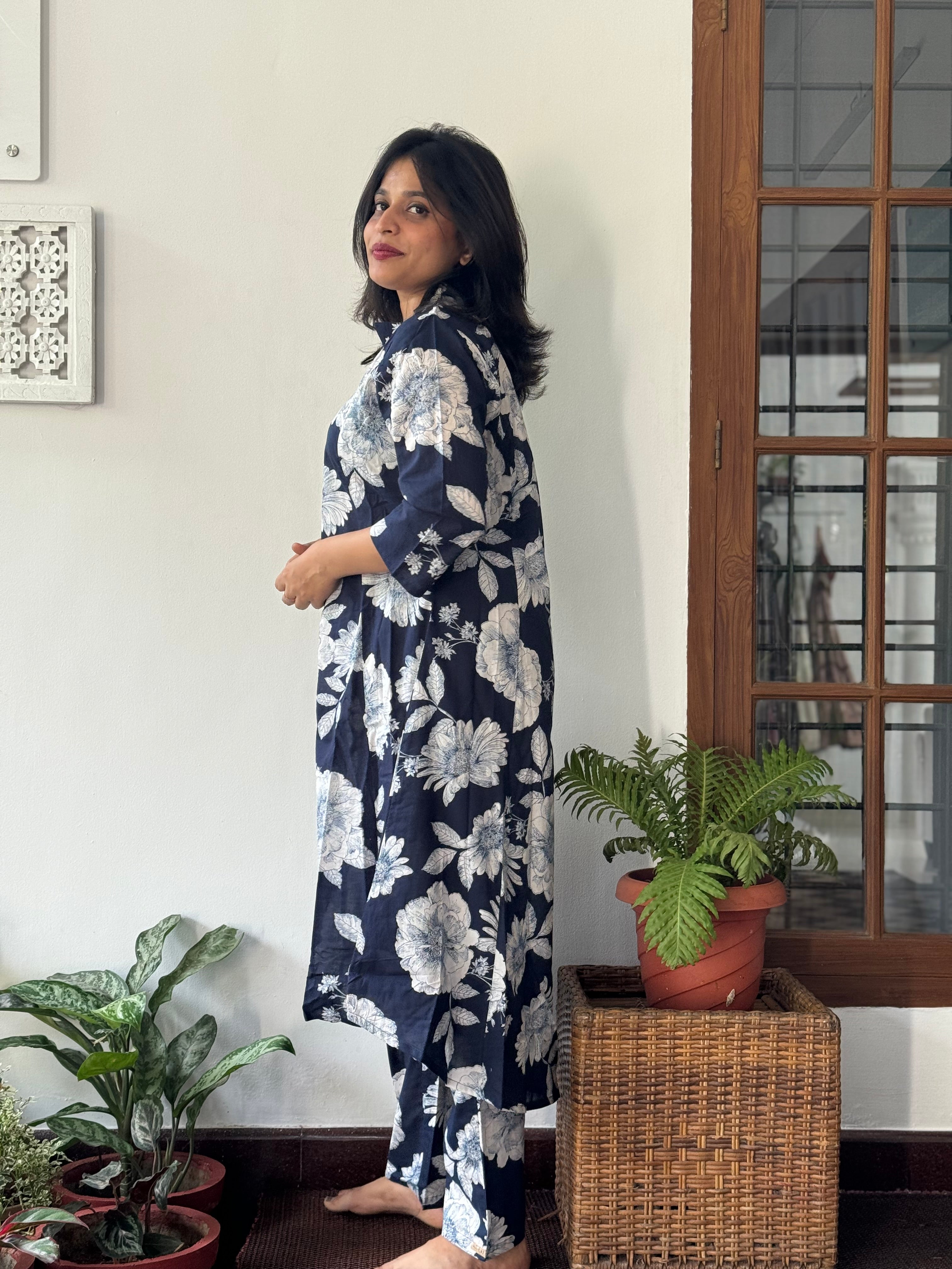 Dark Blue and White Floral 2 Piece Co-Ord Set