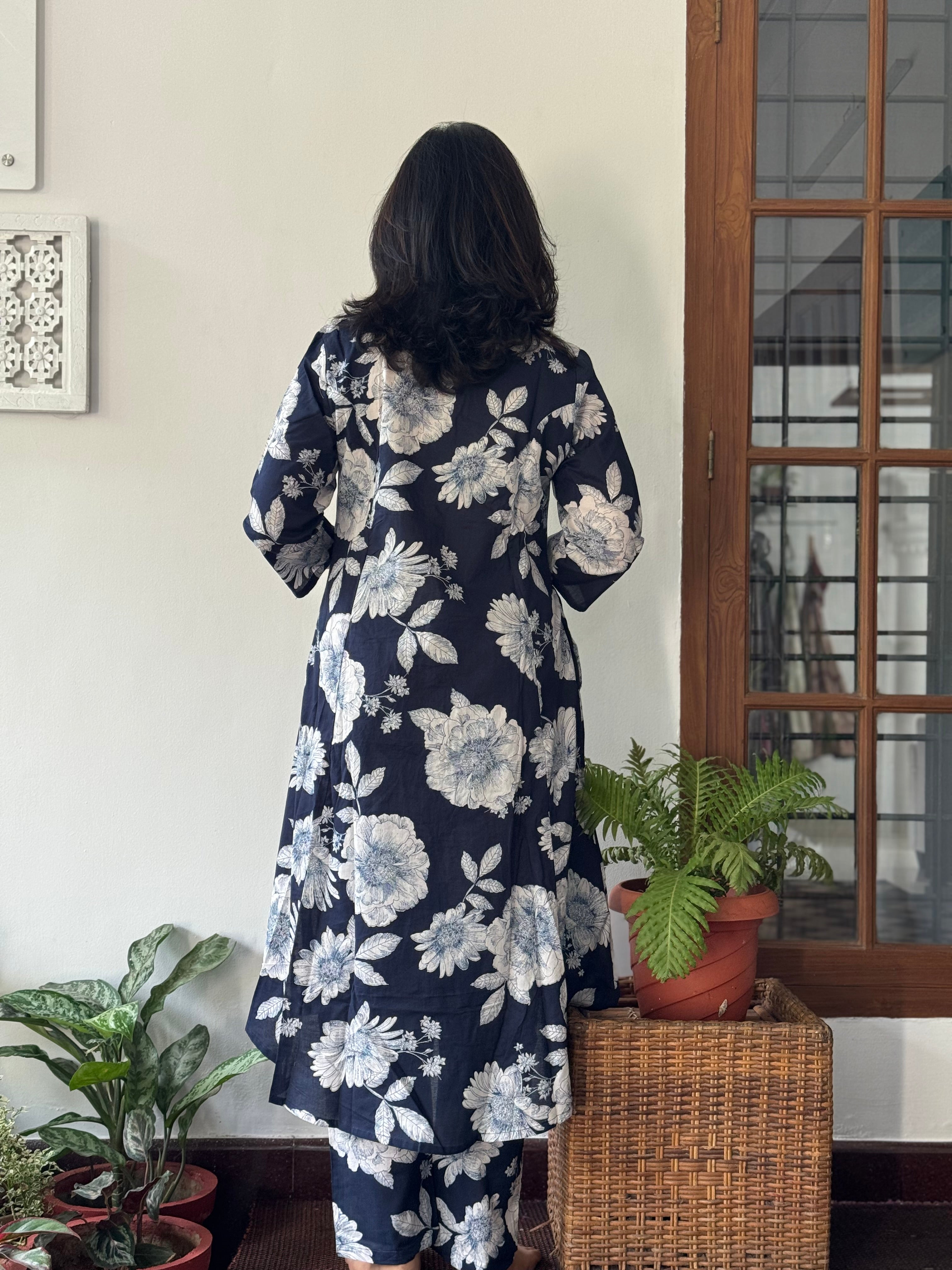 Dark Blue and White Floral 2 Piece Co-Ord Set