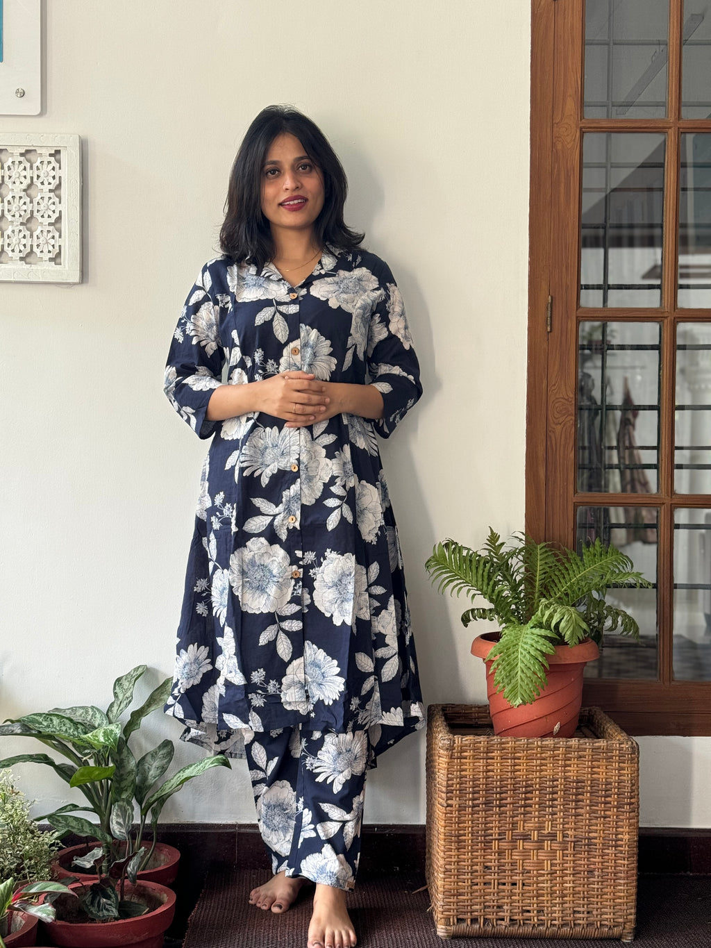 Dark Blue and White Floral 2 Piece Co-Ord Set